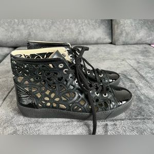 CHANEL Black Leather Laser Cut Sneakers Size 39.5